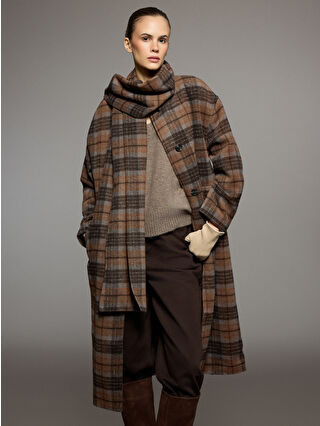 Brown Plaid Women's Wool Blend Coat with Scarf and Bicycle Collar