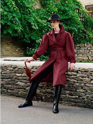Burgundy Notched Collar Women's Trench Coat