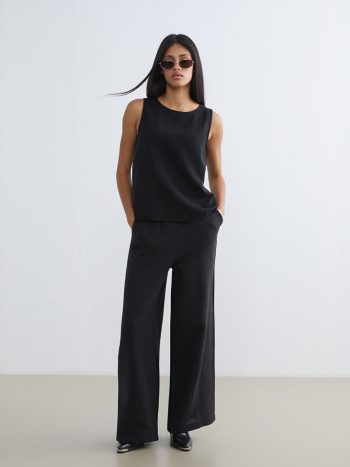 Black Waistband Elastic Textured Muslin Women's Pants