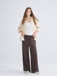 Brown Elastic Waist Textured Muslin Women's Trousers