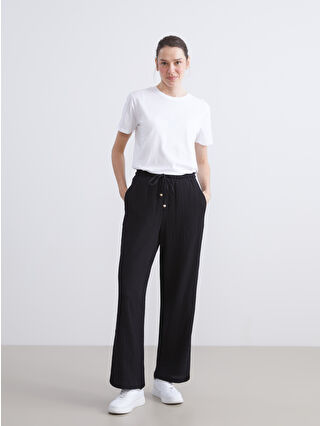 Black Elastic Waist Textured Muslin Women's Trousers