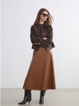 Brown Elastic Waist Leather-Look Flare Skirt