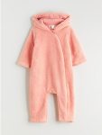 Coral Hooded Plush Baby Girl Jumpsuit