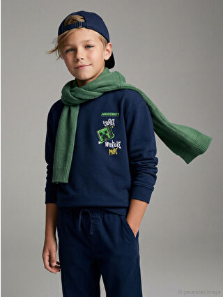 Lacivert Bisiklet Yaka Minecraft Baskılı Erkek Çocuk Kalın Sweatshirt