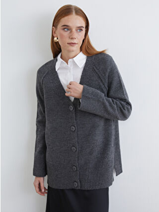 Anthracite V-Neck Women's Knit Cardigan