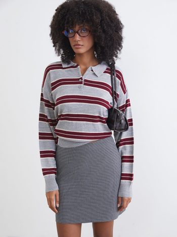 Gray Striped Polo Neck Oversized Women's Knit Sweater