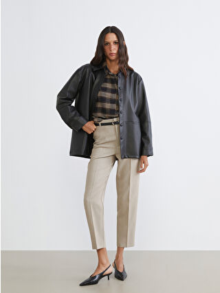 Beige Belted High-Waist Slim Fit Women's Pleated Trousers