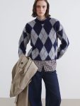 Navy Blue Baklava Pattern Oversize Women's Knit Sweater