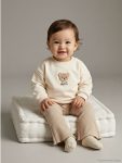 Beige Teddy Bear Embroidered Baby Girl Set
