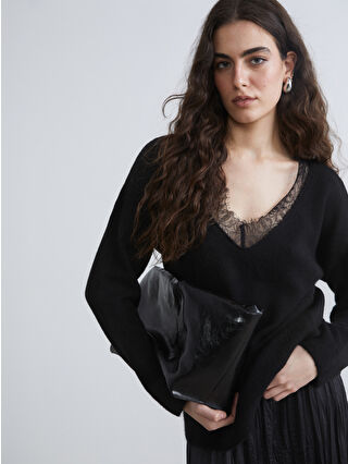 Black V-Neck Lace Detail Oversize Women's Knit Sweater