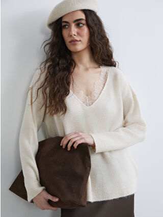 Ecru V-Neck Lace Detail Oversize Women's Knit Sweater