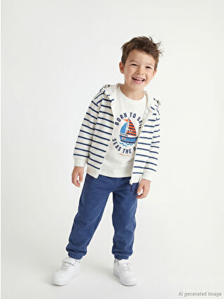 Beige Printed Boys' Hoodie T-Shirt and Sweatpants Set