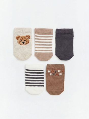 Beige Patterned Sock Booties for Baby Boys - 5-Pack