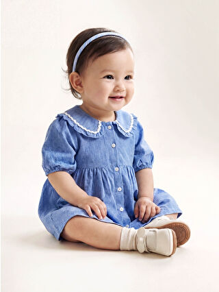Blue Embroidered Baby Collar Checkered Girl Baby Dress