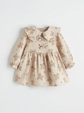 Beige Baby Collar Floral Girl Baby Muslin Dress