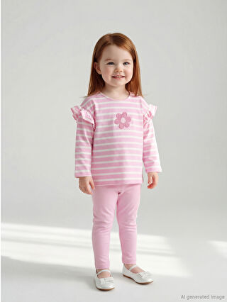 Ecru Flower-Embroidered Girl Baby Blouse and Leggings Set