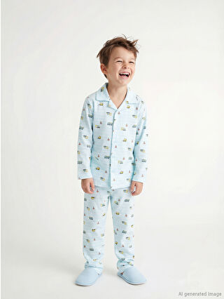 LCW Kids Blue Button-Down Collar Boys' Pajama Set