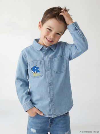 Indigo Sonic Embroidered Boys' Denim Shirt