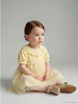 Yellow Tulle Detail Baby Collar Dress for Baby Girls
