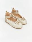 Beige Bow Velcro Closure Girls' Ballet Flats