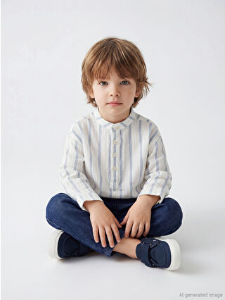 Ecru Mandarin Collar Striped Baby Boy Shirt and Pants Set