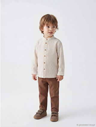 Ecru Mandarin Collar Linen-Blend Baby Boy Shirt and Pants Set
