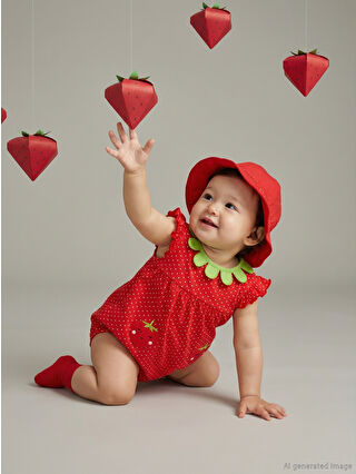 Red Strawberry Pattern Baby Girl Romper and Hat Set