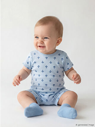 Blue V-Neck 2-Piece Baby Boy Romper Set