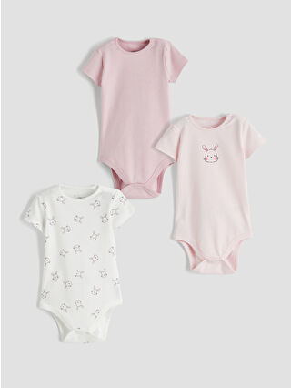 Ekru Tavşan Baskılı Kız Bebek Çıtçıtlı Body 3'lü