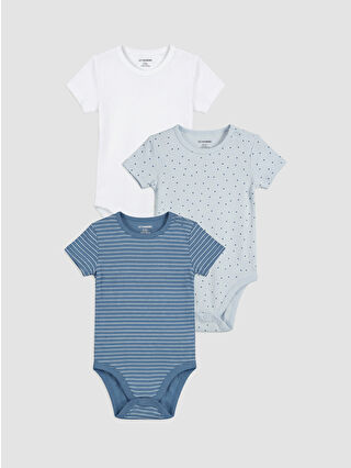 Blue Patterned 3-Pack Short-Sleeve Snap Button Bodysuit for Baby Boys