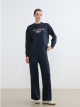 Navy Blue Women's Elastic Waist Wide Leg Sweatpants