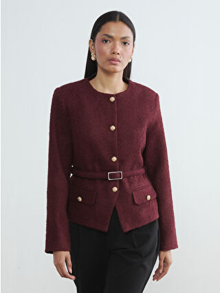 Burgundy Tweed Women's V-Neck Jacket