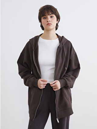 Brown Hooded Women's Thick Zip-Up Sweatshirt