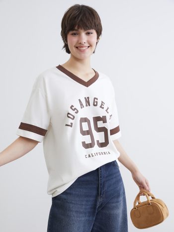Beige V-Neck Los Angeles Print Oversize Women's T-Shirt