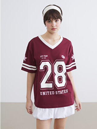 Bordo V Yaka NYC Baskılı Oversize Kadın Tişört