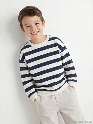 Gray Striped Crew Neck Thick Boys' Sweatshirt