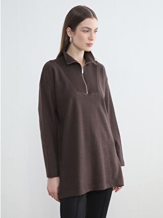 Kahverengi Dik Yaka Kadın Sweatshirt Tunik