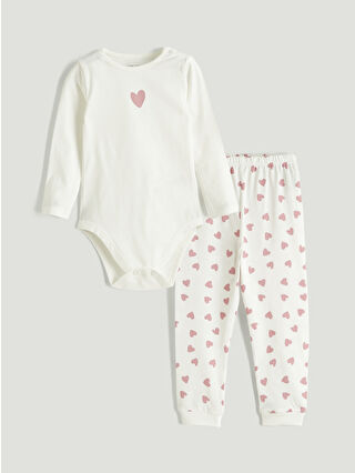 Ecru Heart Print Baby Girl Snap Button Bodysuit and Leggings Set