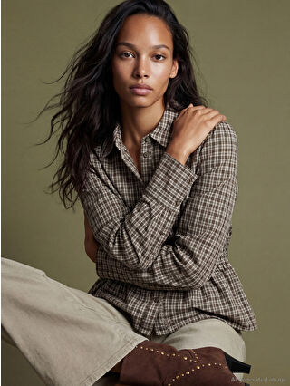 Green Waist-Gathered Plaid Women's Shirt