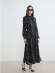 Black High-Neck Polka Dot Belted A-Line Dress