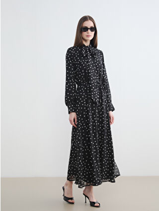 Black High-Neck Polka Dot Belted A-Line Dress