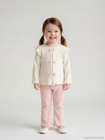 LCW Baby Beige Bow Girl Baby Blouse and Legging Pants