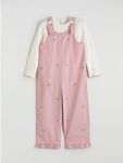 Ecru Embroidered Girls' Overalls and T-Shirt Set
