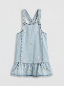Indigo Square Neck Flower-Embroidered Girls' Jean Overalls