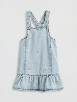 Indigo Square Neck Flower-Embroidered Girls' Jean Overalls