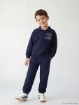 Navy Blue Polo Collar Printed Boys' Thick Sweatsuit Set