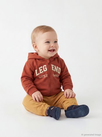 Brown Printed Hooded Zip-Up Sweatshirt for Baby Boys