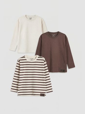 White Crew Neck Long Sleeve Boys' T-Shirt 3-Pack