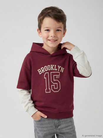 Burgundy Brooklyn Print Boys' Thick Hooded Sweatshirt
