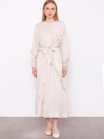 Open Beige Collar Floral Detail Cupra Dress